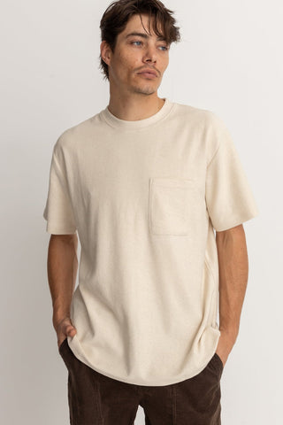 Rhythm Natural colored Terry Vintage short sleeve t-shirt with chest pocket and textured finish.