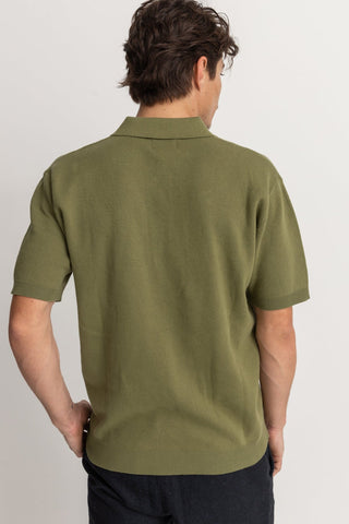 Rhythm Rory SS Polo in Sage, 100% cotton with ribbed collar, button placket, and sleeve cuffs. 