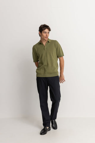 Rhythm Rory SS Polo in Sage, 100% cotton with ribbed collar, button placket, and sleeve cuffs. 
