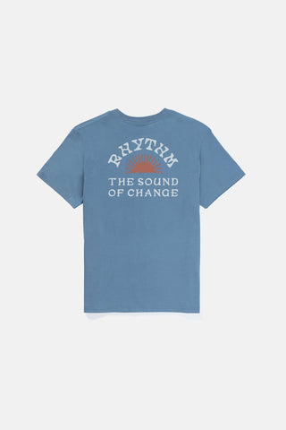 Rhythm Awake SS T-Shirt in Vintage Blue, 100% organic cotton, standard fit, rib knit neck band, surf-inspired print.