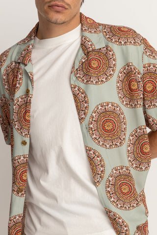 Rhythm Dial Cuban SS Shirt in Sage, 100% rayon, Cuban collar, straight hem, plastic button closure, vintage style.