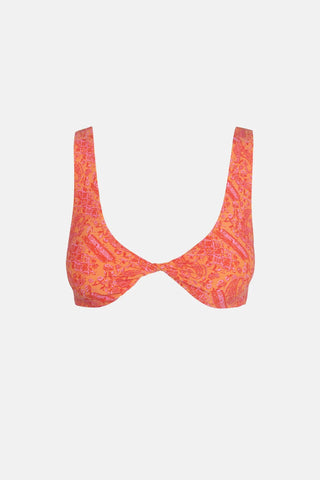 Orange paisley reversible twist front swim top, comfortable straps.