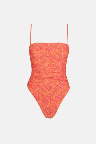Orange paisley one-piece swimsuit with scrunched sides and high-cut leg.