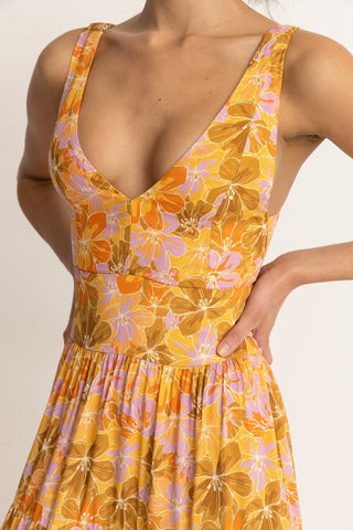 Rhythm Mahana Floral Tiered Maxi Dress in yellow, 100% Rayon, plunging neckline, elasticated back straps.