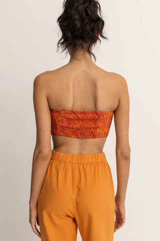 Orange paisley strapless scarf top with smocked back panel.