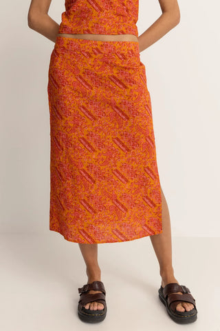 Orange paisley print low rise midi skirt with elastic back.