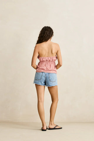 Rhythm Kirra Check Strapless Top in Pink, soft seasonal check pattern with ruffled hem, adjustable front tie, and elasticated neckline and underbust for a secure strapless fit
