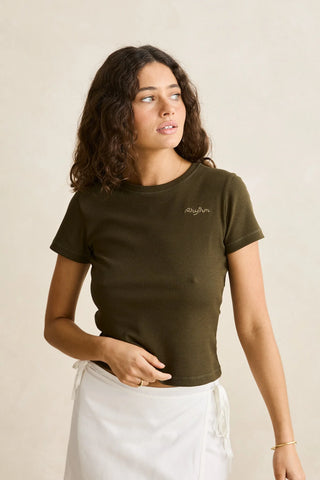 Rhythm Everyday Rib Tee in Olive, longline baby tee with slim fit, round scooped ribbed neckline, soft rib fabric, and tonal left chest embroidery