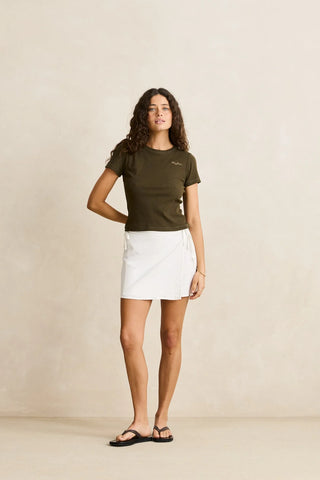 Rhythm Everyday Rib Tee in Olive, longline baby tee with slim fit, round scooped ribbed neckline, soft rib fabric, and tonal left chest embroidery