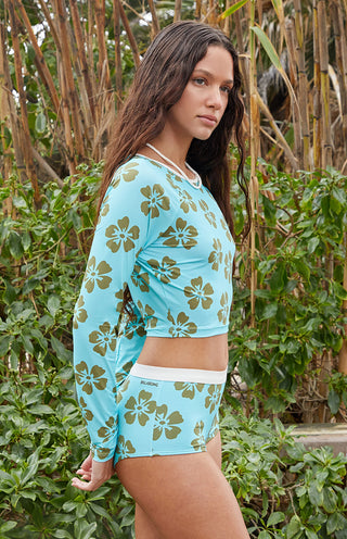 Billabong Last Summer Long Sleeve Crop Rashguard in Ocean Spray colorway with tropical prints and UPF 50+ sun protection