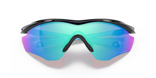 Oakley M2 Frame XL sunglasses in Polished Black with Prizm Sapphire lenses, lightweight O Matter frame with ellipse metal icon accents, Unobtainium earsocks and nosepads, HDO performance shield lens, interchangeable lens system, enhanced XL vertical lens dimension for cycling and sport