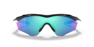 Oakley M2 Frame XL sunglasses in Polished Black with Prizm Sapphire lenses, lightweight O Matter frame with ellipse metal icon accents, Unobtainium earsocks and nosepads, HDO performance shield lens, interchangeable lens system, enhanced XL vertical lens dimension for cycling and sport