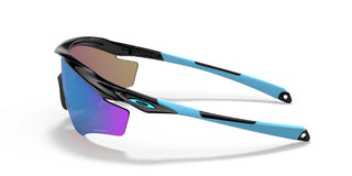Oakley M2 Frame XL sunglasses in Polished Black with Prizm Sapphire lenses, lightweight O Matter frame with ellipse metal icon accents, Unobtainium earsocks and nosepads, HDO performance shield lens, interchangeable lens system, enhanced XL vertical lens dimension for cycling and sport