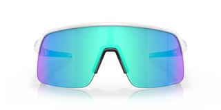 "Oakley Sutro Lite sunglasses in Matte White frame with Prizm Sapphire lenses — lightweight shield sport sunglasses with blue mirror finish and UV400 protection"