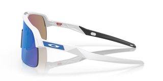 "Oakley Sutro Lite sunglasses in Matte White frame with Prizm Sapphire lenses — lightweight shield sport sunglasses with blue mirror finish and UV400 protection"