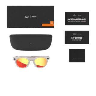 Oakley Meta HSTN smart glasses in Warm Grey with Prizm Ruby lenses, Meta AI, camera, and audio.