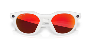 Oakley Meta HSTN smart glasses in Warm Grey with Prizm Ruby lenses, Meta AI, camera, and audio.