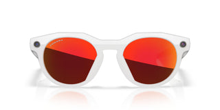 Oakley Meta HSTN smart glasses in Warm Grey with Prizm Ruby lenses, Meta AI, camera, and audio.
