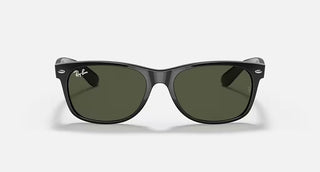 Ray-Ban New Wayfarer Classic sunglasses in polished black with green G-15 lenses and nylon frame.