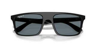 Ray-Ban RB2222 sunglasses in Polished Black with Dark Blue Polarized lenses — square propionate frame with 100% UV protection and glare reduction.

