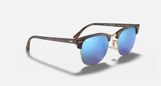 Ray-Ban Clubmaster Flash Sunglasses RB3016 in Sand Havana Arista with Grey Mirror Blue flash lenses, square browline acetate frame with Havana on Gold temples, 51mm lens width, 43.9mm lens height, 145mm temple length