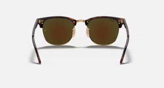 Ray-Ban Clubmaster Flash Sunglasses RB3016 in Sand Havana Arista with Grey Mirror Blue flash lenses, square browline acetate frame with Havana on Gold temples, 51mm lens width, 43.9mm lens height, 145mm temple length