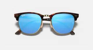 Ray-Ban Clubmaster Flash Sunglasses RB3016 in Sand Havana Arista with Grey Mirror Blue flash lenses, square browline acetate frame with Havana on Gold temples, 51mm lens width, 43.9mm lens height, 145mm temple length