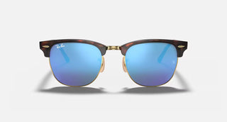 Ray-Ban Clubmaster Flash Sunglasses RB3016 in Sand Havana Arista with Grey Mirror Blue flash lenses, square browline acetate frame with Havana on Gold temples, 51mm lens width, 43.9mm lens height, 145mm temple length
