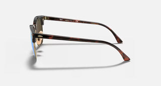Ray-Ban Clubmaster Flash Sunglasses RB3016 in Sand Havana Arista with Grey Mirror Blue flash lenses, square browline acetate frame with Havana on Gold temples, 51mm lens width, 43.9mm lens height, 145mm temple length