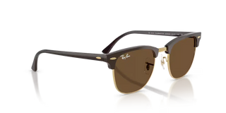 Ray-Ban Clubmaster Classic sunglasses in Polished Brown and Gold with Dark Brown lenses — iconic square acetate frame with adjustable nosepads and 100% UV protection.

