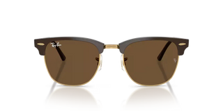 Ray-Ban Clubmaster Classic sunglasses in Polished Brown and Gold with Dark Brown lenses — iconic square acetate frame with adjustable nosepads and 100% UV protection.

