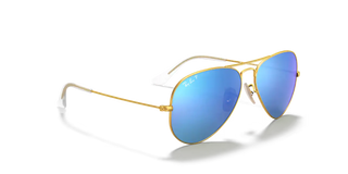 Ray-Ban Aviator Large Metal RB3025 in Matte Gold with Blue Polarized Mirror lenses — iconic pilot frame with adjustable nosepads and standard face coverage.

