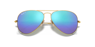 Ray-Ban Aviator Large Metal RB3025 in Matte Gold with Blue Polarized Mirror lenses — iconic pilot frame with adjustable nosepads and standard face coverage.

