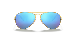 Ray-Ban Aviator Large Metal RB3025 in Matte Gold with Blue Polarized Mirror lenses — iconic pilot frame with adjustable nosepads and standard face coverage.

