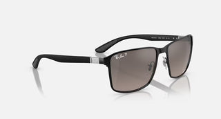 Ray-Ban RB3721CH Polarized+ Sunglasses in Matte Black with Grey Mirror Polar+ lenses, square metal frame in polished black-on-black with black temples, 59mm lens width, 44.5mm lens height, 145mm temple length, superior polarized clarity and glare protection