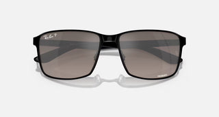 Ray-Ban RB3721CH Polarized+ Sunglasses in Matte Black with Grey Mirror Polar+ lenses, square metal frame in polished black-on-black with black temples, 59mm lens width, 44.5mm lens height, 145mm temple length, superior polarized clarity and glare protection