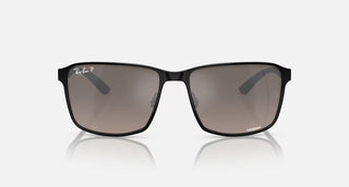 Ray-Ban RB3721CH Polarized+ Sunglasses in Matte Black with Grey Mirror Polar+ lenses, square metal frame in polished black-on-black with black temples, 59mm lens width, 44.5mm lens height, 145mm temple length, superior polarized clarity and glare protection