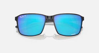 Ray-Ban RB3721CH Polarized+ Sunglasses in Polished Black on Silver with Mirror Blue Polar+ lenses, square metal frame with silver temples, 59mm lens width, 44.5mm lens height, 145mm temple length, enhanced clarity contrast and 100% UV protection