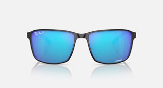 Ray-Ban RB3721CH Polarized+ Sunglasses in Polished Black on Silver with Mirror Blue Polar+ lenses, square metal frame with silver temples, 59mm lens width, 44.5mm lens height, 145mm temple length, enhanced clarity contrast and 100% UV protection