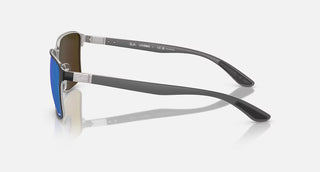 Ray-Ban RB3721CH Polarized+ Sunglasses in Polished Black on Silver with Mirror Blue Polar+ lenses, square metal frame with silver temples, 59mm lens width, 44.5mm lens height, 145mm temple length, enhanced clarity contrast and 100% UV protection