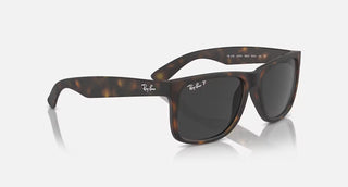 Ray-Ban Justin Classic Sunglasses RB4165 in Matte Rubber Havana with Dark Grey Polarized lenses, square nylon frame with rubberized matte finish and Havana temples, 54mm lens width, 43.9mm lens height, 145mm temple length, stylish casual polarized sunglasses