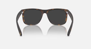Ray-Ban Justin Classic Sunglasses RB4165 in Matte Rubber Havana with Dark Grey Polarized lenses, square nylon frame with rubberized matte finish and Havana temples, 54mm lens width, 43.9mm lens height, 145mm temple length, stylish casual polarized sunglasses