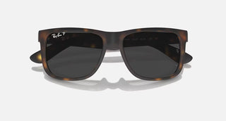 Ray-Ban Justin Classic Sunglasses RB4165 in Matte Rubber Havana with Dark Grey Polarized lenses, square nylon frame with rubberized matte finish and Havana temples, 54mm lens width, 43.9mm lens height, 145mm temple length, stylish casual polarized sunglasses