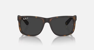 Ray-Ban Justin Classic Sunglasses RB4165 in Matte Rubber Havana with Dark Grey Polarized lenses, square nylon frame with rubberized matte finish and Havana temples, 54mm lens width, 43.9mm lens height, 145mm temple length, stylish casual polarized sunglasses
