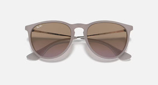 Ray-Ban Erika Classic Sunglasses RB4171 in Matte Dark Sand with Violet Gradient Brown lenses, round phantos injected frame with soft flexible bridge and tone-on-tone Dark Sand temples, 54mm lens width, 46mm lens height, 145mm temple length, 100% UV protection