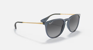 Ray-Ban Erika Classic Sunglasses RB4171 in Polished Transparent Blue with Grey Gradient Polarized lenses, round phantos nylon frame with soft flexible bridge and tone-on-tone Transparent Blue temples, 54mm lens width, 46mm lens height, 145mm temple length, 100% UV protection