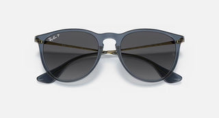 Ray-Ban Erika Classic Sunglasses RB4171 in Polished Transparent Blue with Grey Gradient Polarized lenses, round phantos nylon frame with soft flexible bridge and tone-on-tone Transparent Blue temples, 54mm lens width, 46mm lens height, 145mm temple length, 100% UV protection