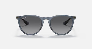 Ray-Ban Erika Classic Sunglasses RB4171 in Polished Transparent Blue with Grey Gradient Polarized lenses, round phantos nylon frame with soft flexible bridge and tone-on-tone Transparent Blue temples, 54mm lens width, 46mm lens height, 145mm temple length, 100% UV protection