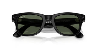 Ray-Ban Meta Wayfarer Gen 2 smart glasses in Shiny Black with G-15 Green lenses, Meta AI, camera, and audio.