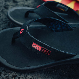 OluKai 'Ohana Men's Beach Sandals in Black/HLA, water-resistant synthetic straps with quick-drying jersey knit lining, soft nylon toe post, anatomically contoured footbed, and non-marking rubber outsole